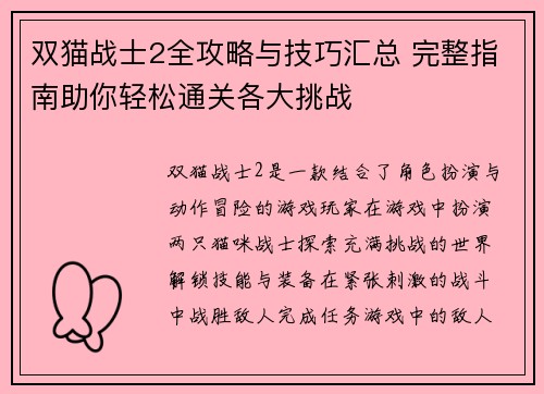 双猫战士2全攻略与技巧汇总 完整指南助你轻松通关各大挑战